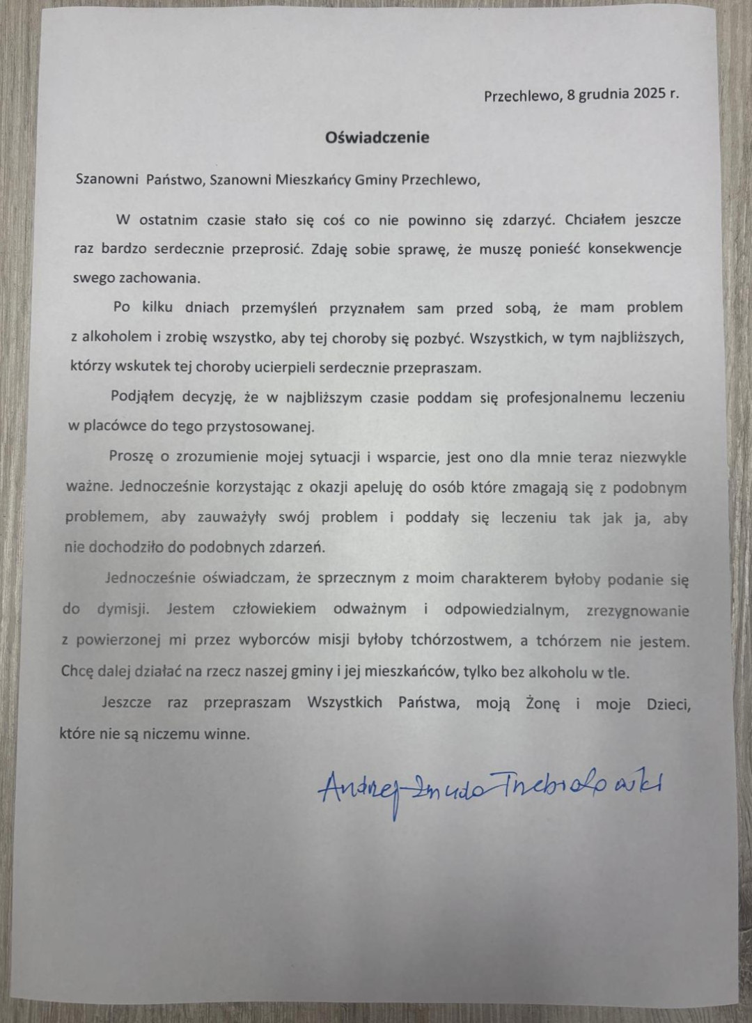 "Mam problem z alkoholem". Wójt Przechlewa zamierza poddać się leczeniu, ale wyklucza dymisję (OŚWIADCZENIE)