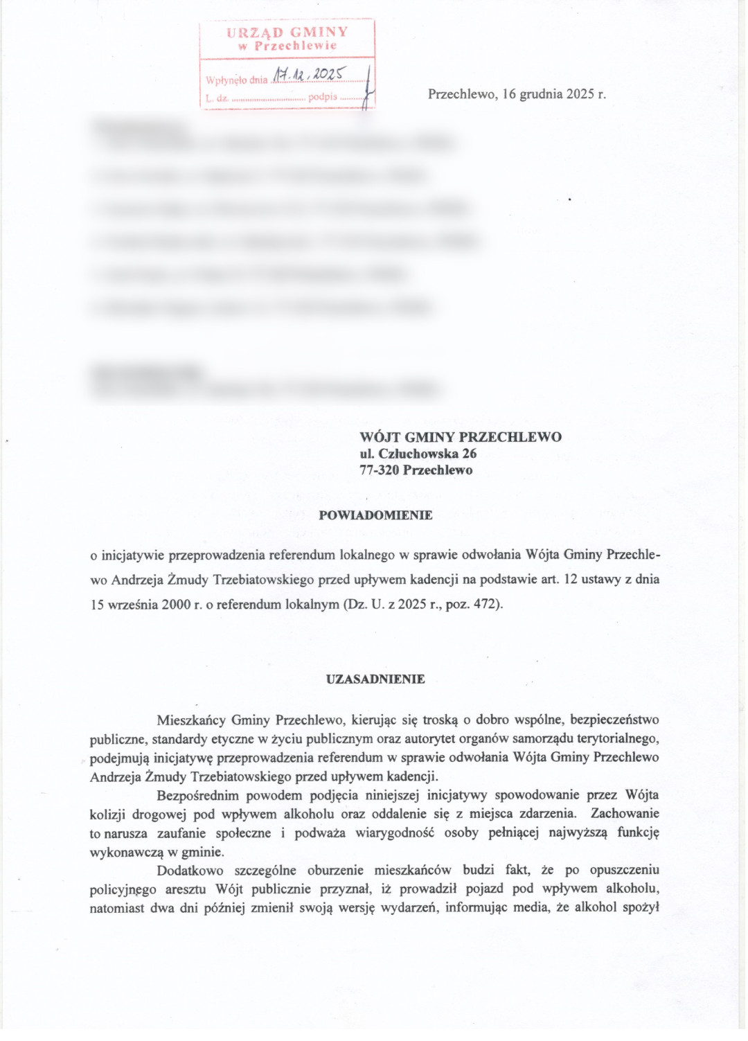 Grupa mieszkańców gminy Przechlewo chce zorganizować referendum w sprawie odwołania wójta Andrzeja Żmudy Trzebiatowskiego