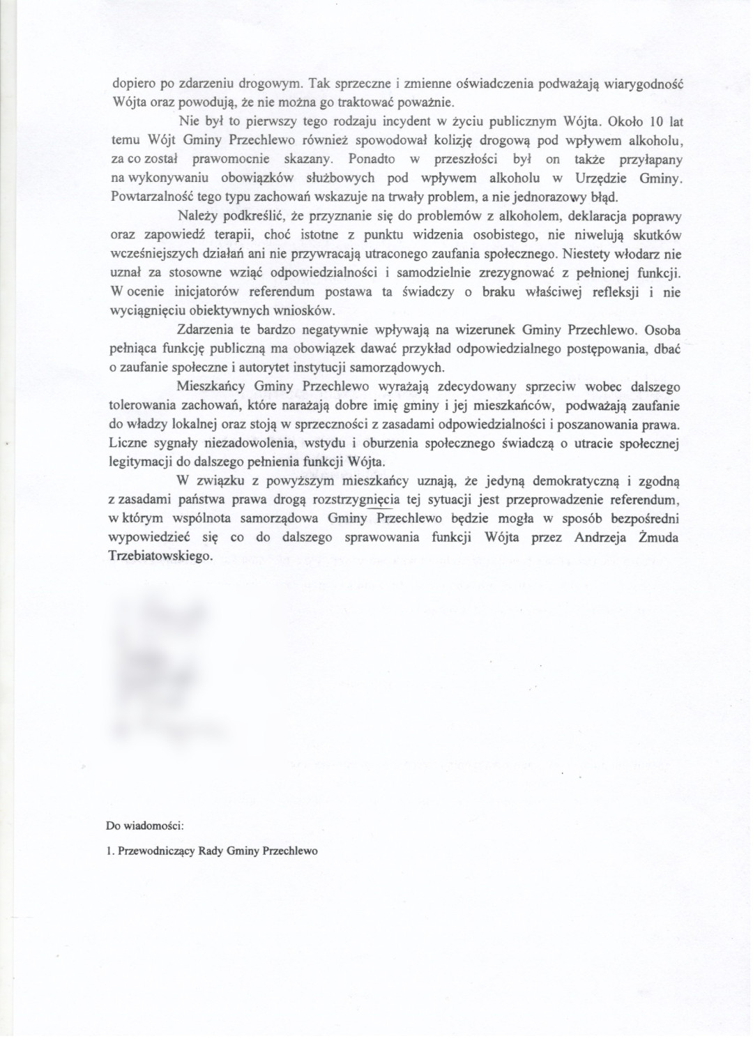 Grupa mieszkańców gminy Przechlewo chce zorganizować referendum w sprawie odwołania wójta Andrzeja Żmudy Trzebiatowskiego