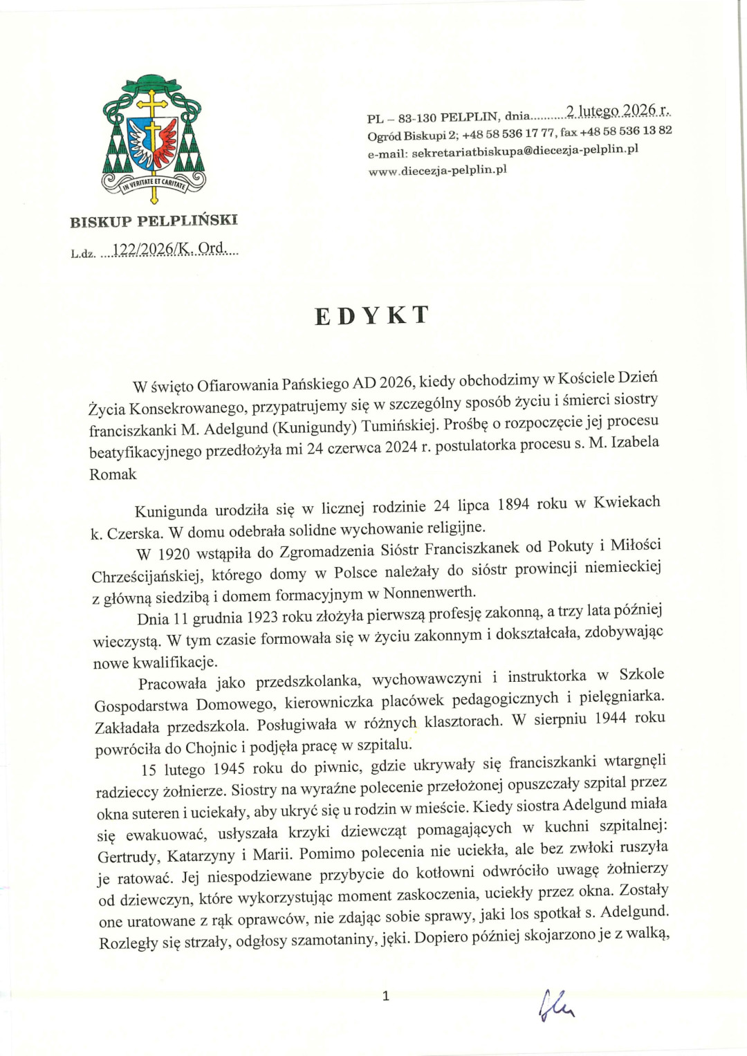 Jest biskupi edykt w sprawie zamiaru rozpoczęcia procesu beatyfikacyjnego siostry Adelgund Tumińskiej