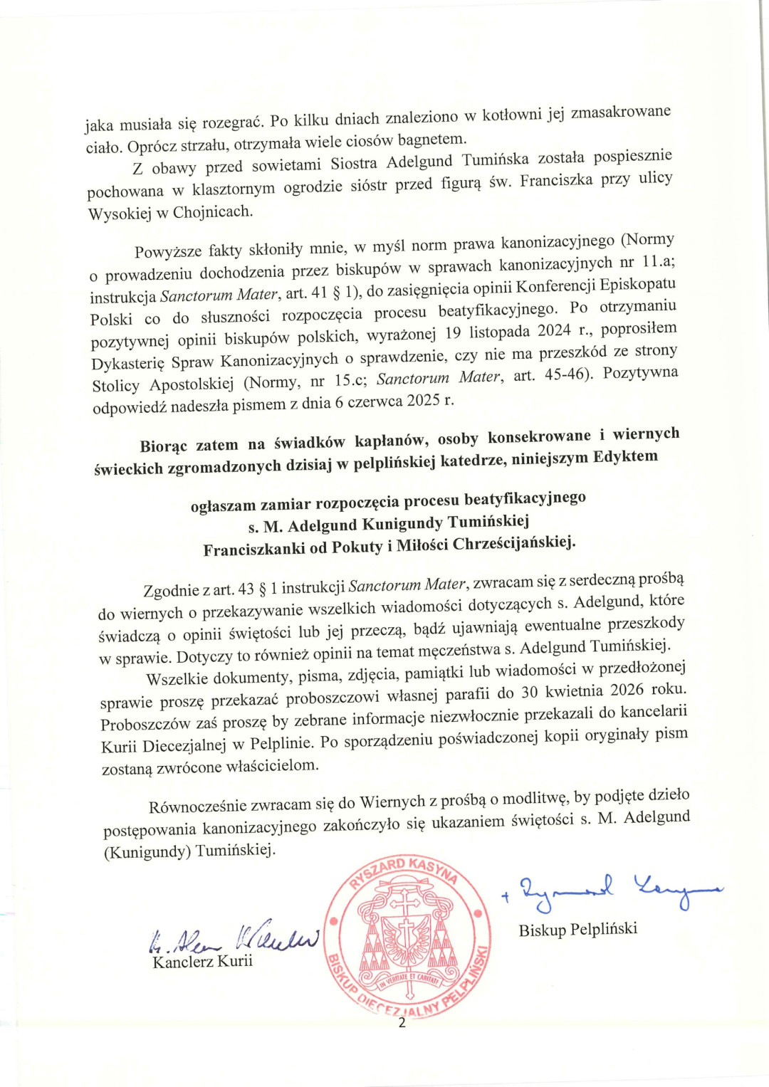 Jest biskupi edykt w sprawie zamiaru rozpoczęcia procesu beatyfikacyjnego siostry Adelgund Tumińskiej